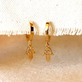 18k Gold Filled Hoop Earrings with Hamsa Amulet Charm