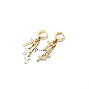 18K Gold IP Stainless Steel 3 Cross and Chain Dangle Hinged Hoop Earrings