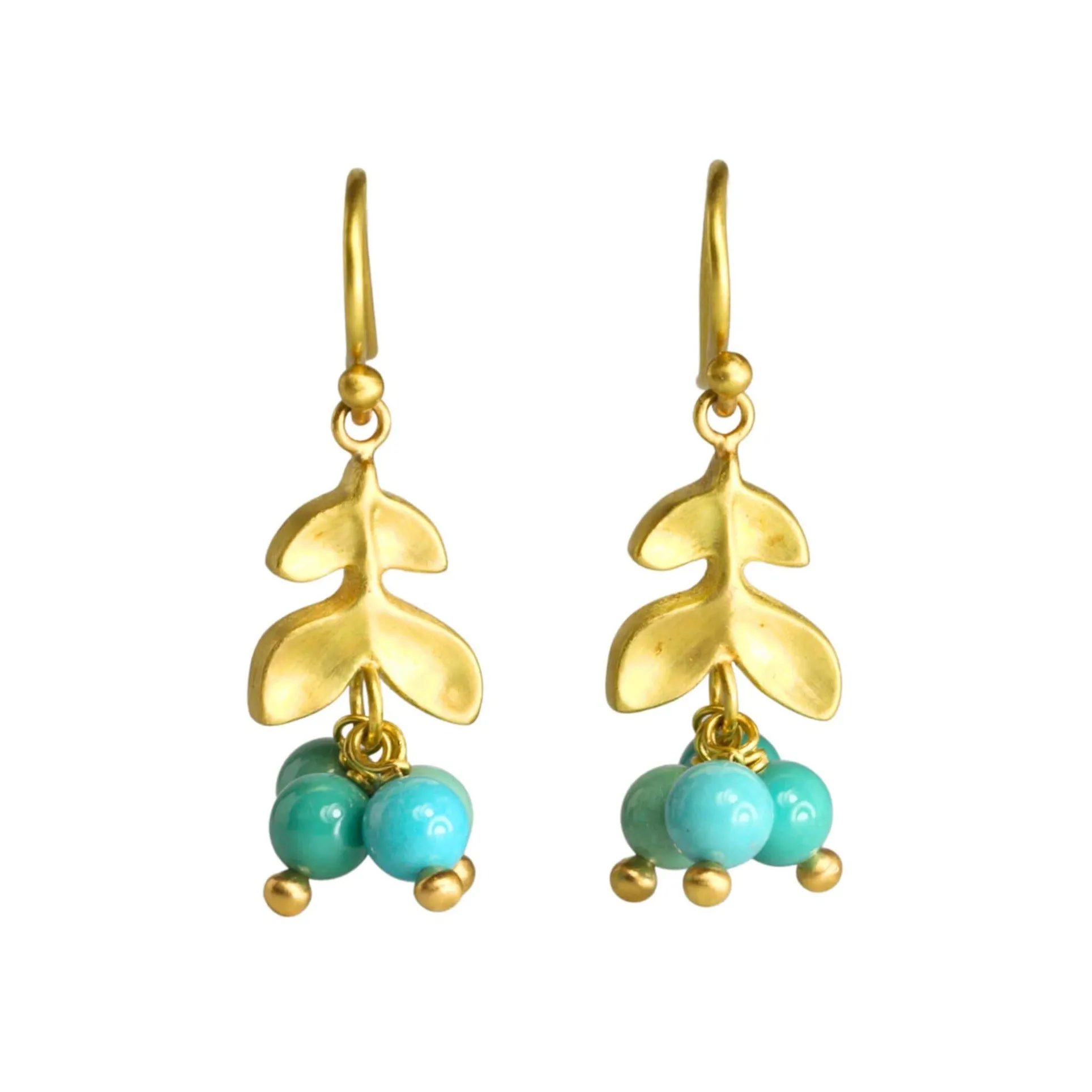 20K Gold Double Laurel Earrings with Dangling Turquoise Beads