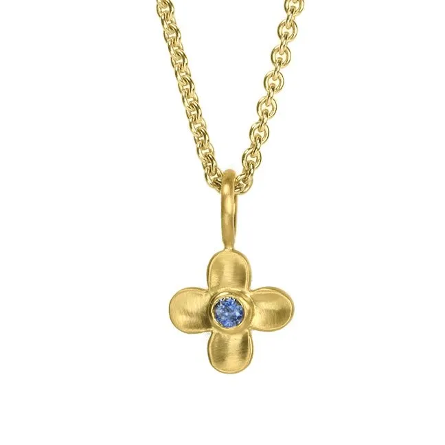 20K Gold Four-Petal Flower Pendant with Blue Sapphire Center