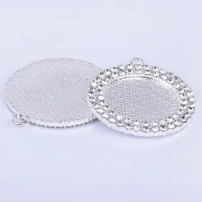 25mm Zinc alloy Double Rhinestones Blank Bezel pendant Trays base round pendant setting plated silver 10pcs