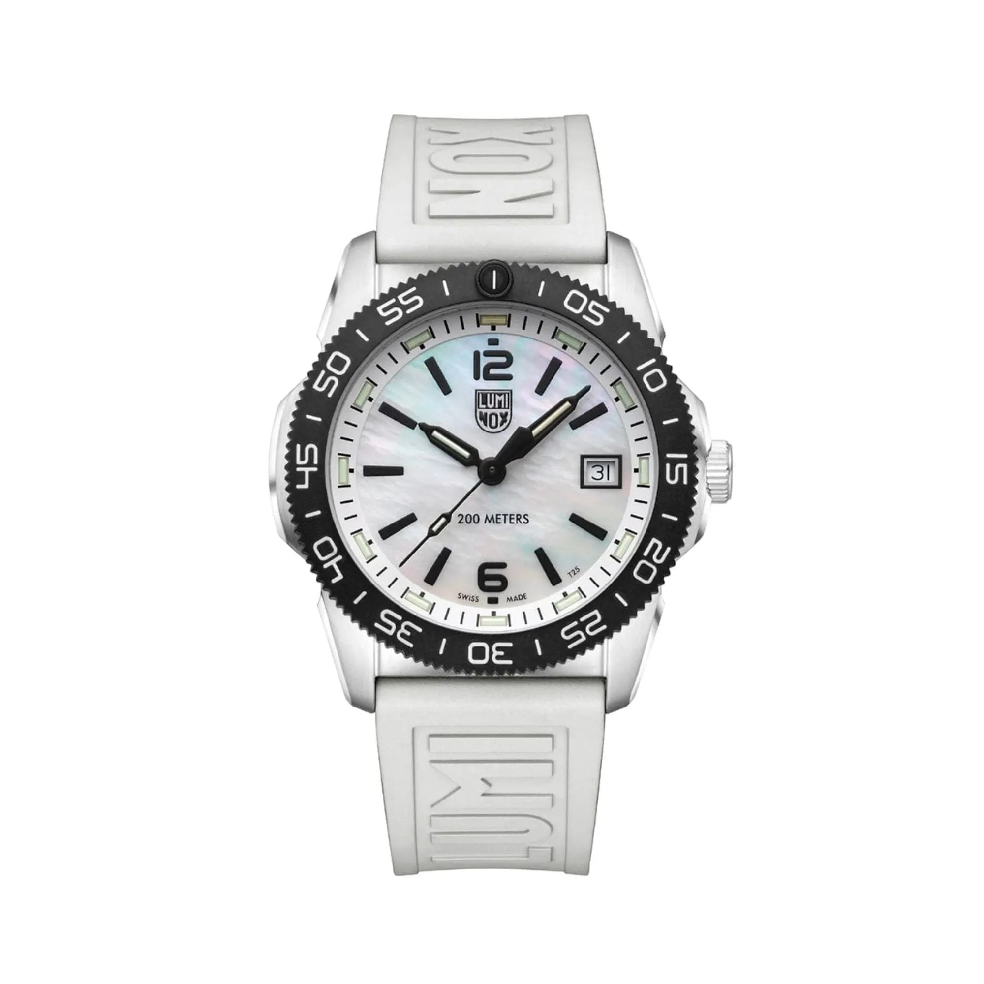 39MM LUMINOX PACIFIC DIVER RIPPLE QUARTZ WATCH WITH MOTHER-OF-PEARL DIAL AND WHITE RUBBER STRAP