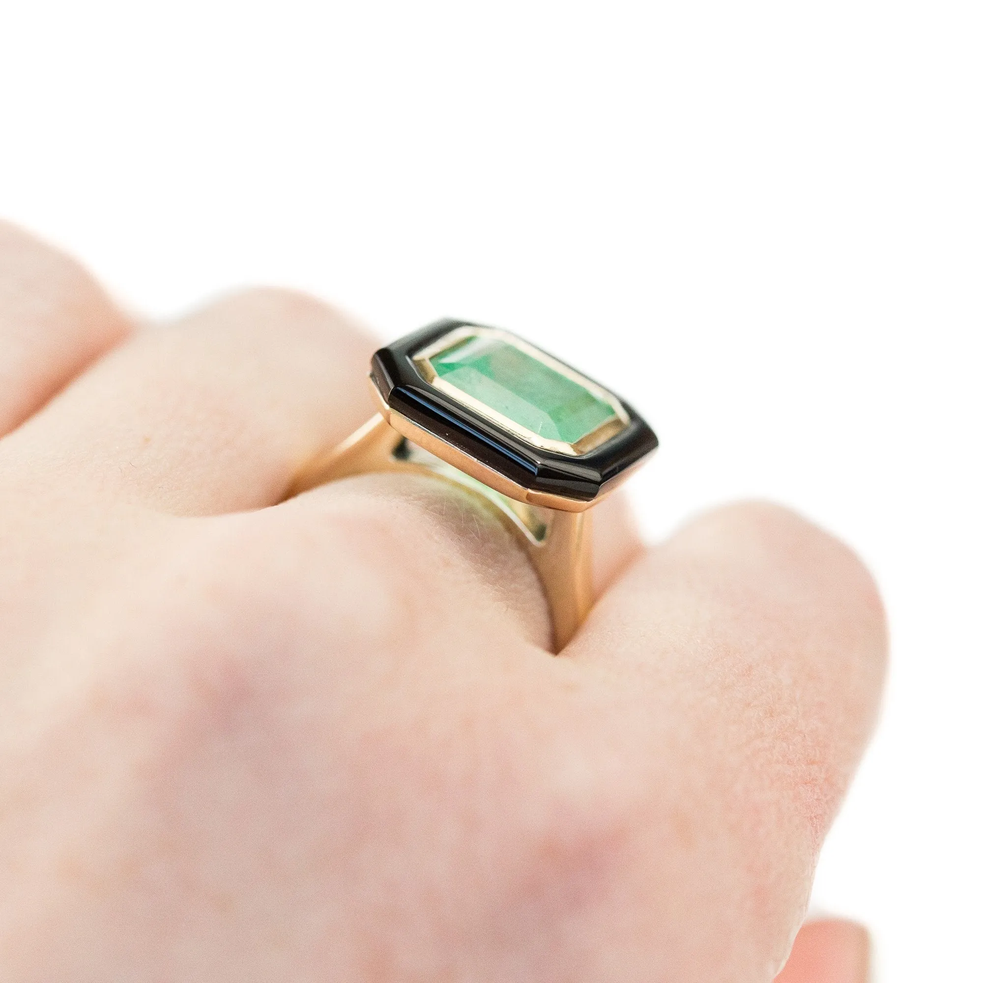 4.95ct Colombian Emerald, Black Onyx and 14k Yellow Gold Bezel Set Ring