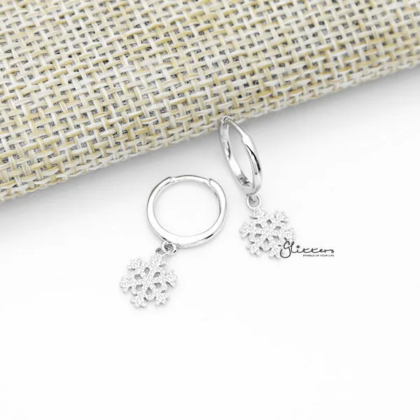 925 Sterling Silver Dangle Snowflake One-Touch Huggie Hoop Earrings