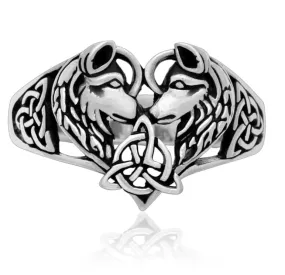 925 Sterling Silver Wolf Head Heart Ring