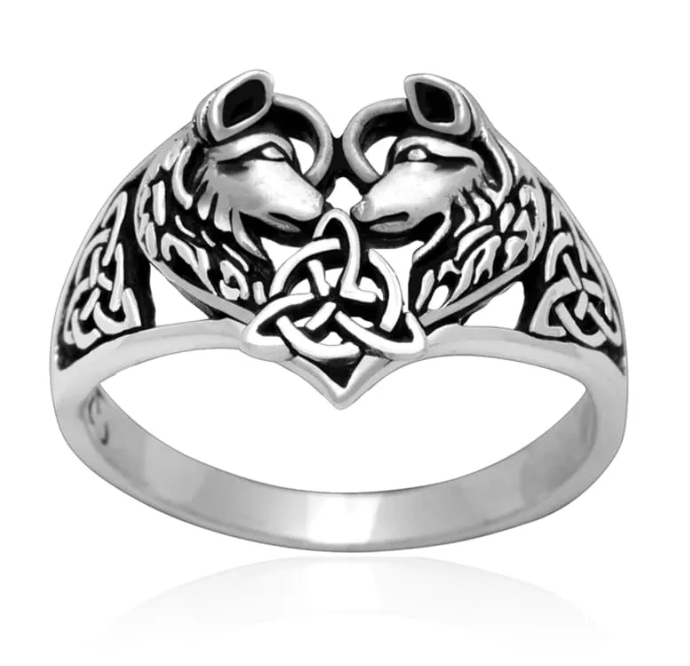 925 Sterling Silver Wolf Head Heart Ring