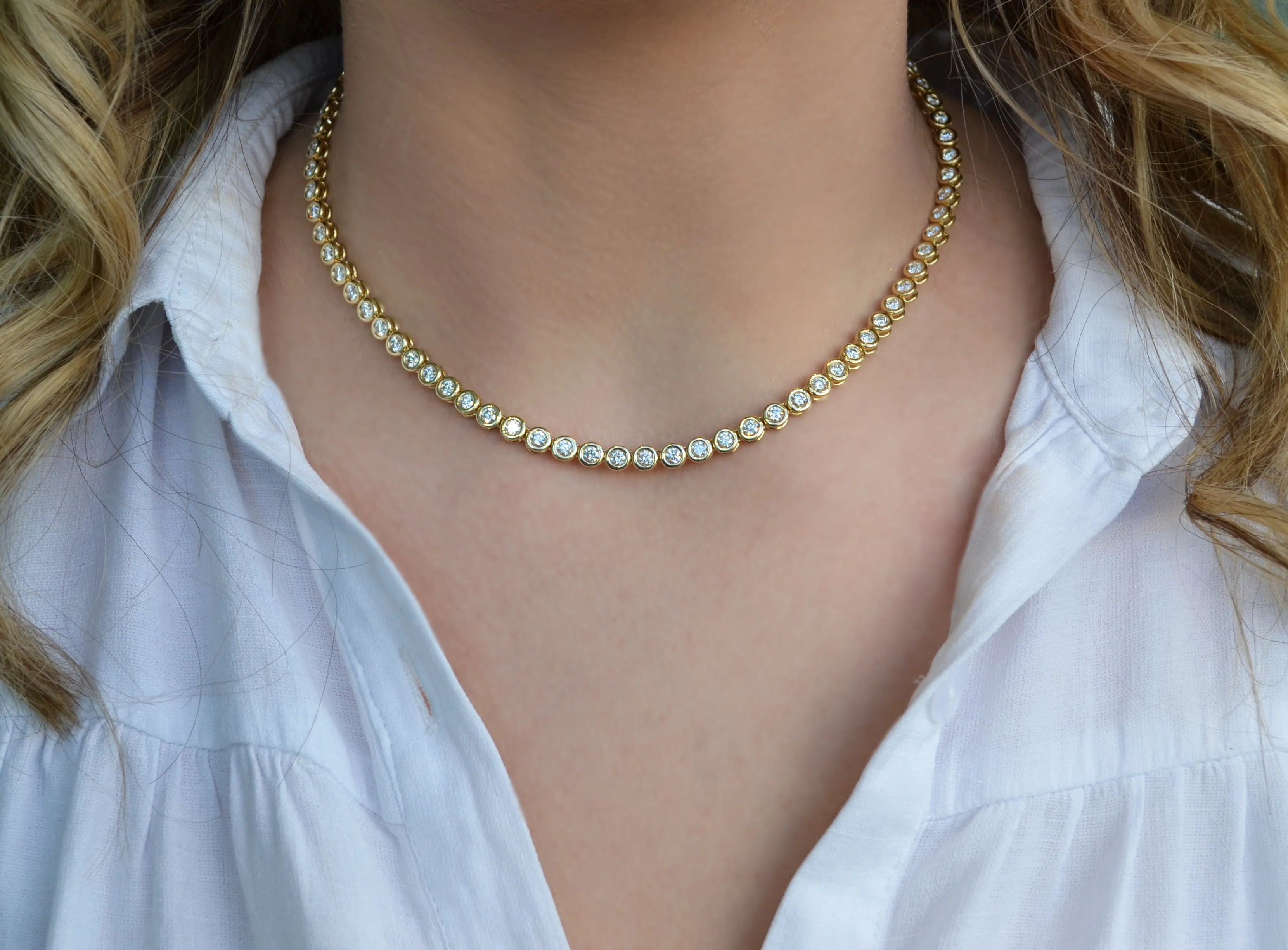 AFJ Diamond Collection - Diamond Bezel Set Riviere Necklace, Yellow Gold