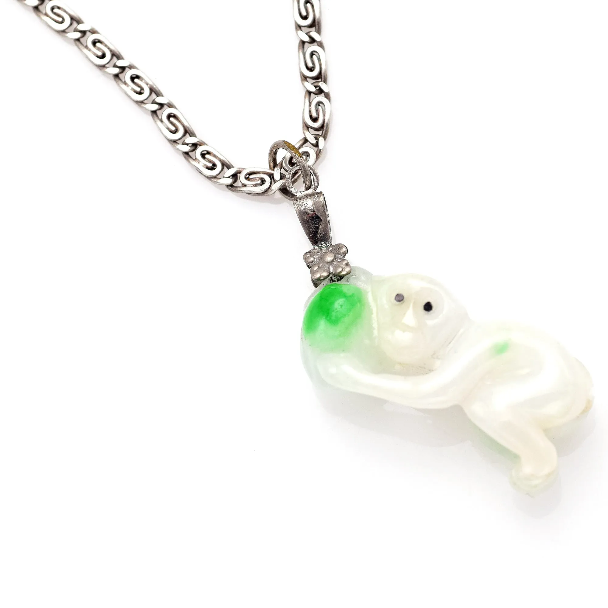 Antique Sterling Silver Green Jade Carved Monkey with Peach Pendant Necklace