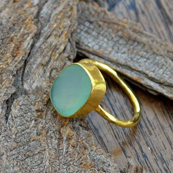 Aqua Chalcedony Gold Ring, 14K Yellow Gold Chalcedony Ring, Faceted Chalcedony Jewelry