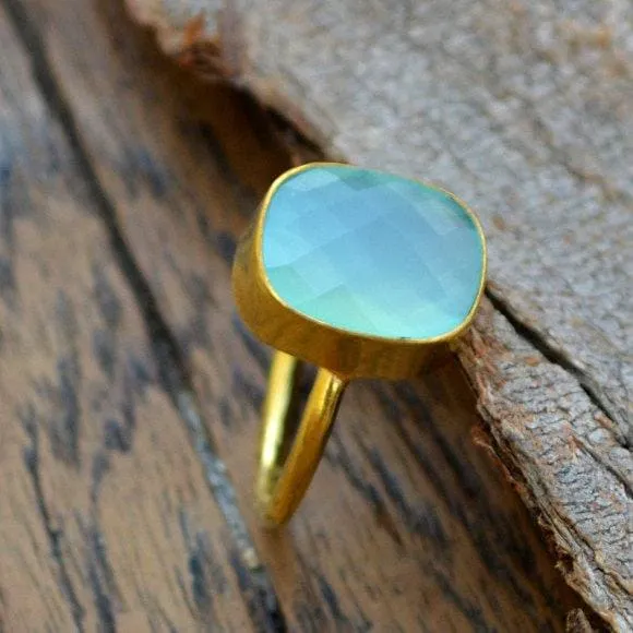 Aqua Chalcedony Gold Ring, 14K Yellow Gold Chalcedony Ring, Faceted Chalcedony Jewelry