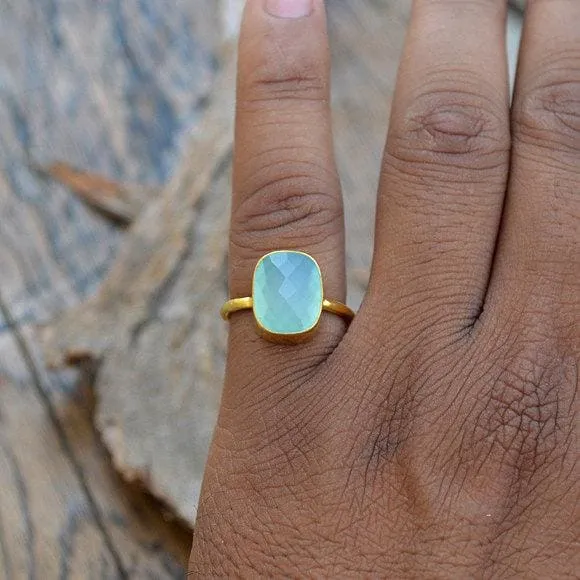 Aqua Chalcedony Gold Ring, 14K Yellow Gold Chalcedony Ring, Faceted Chalcedony Jewelry