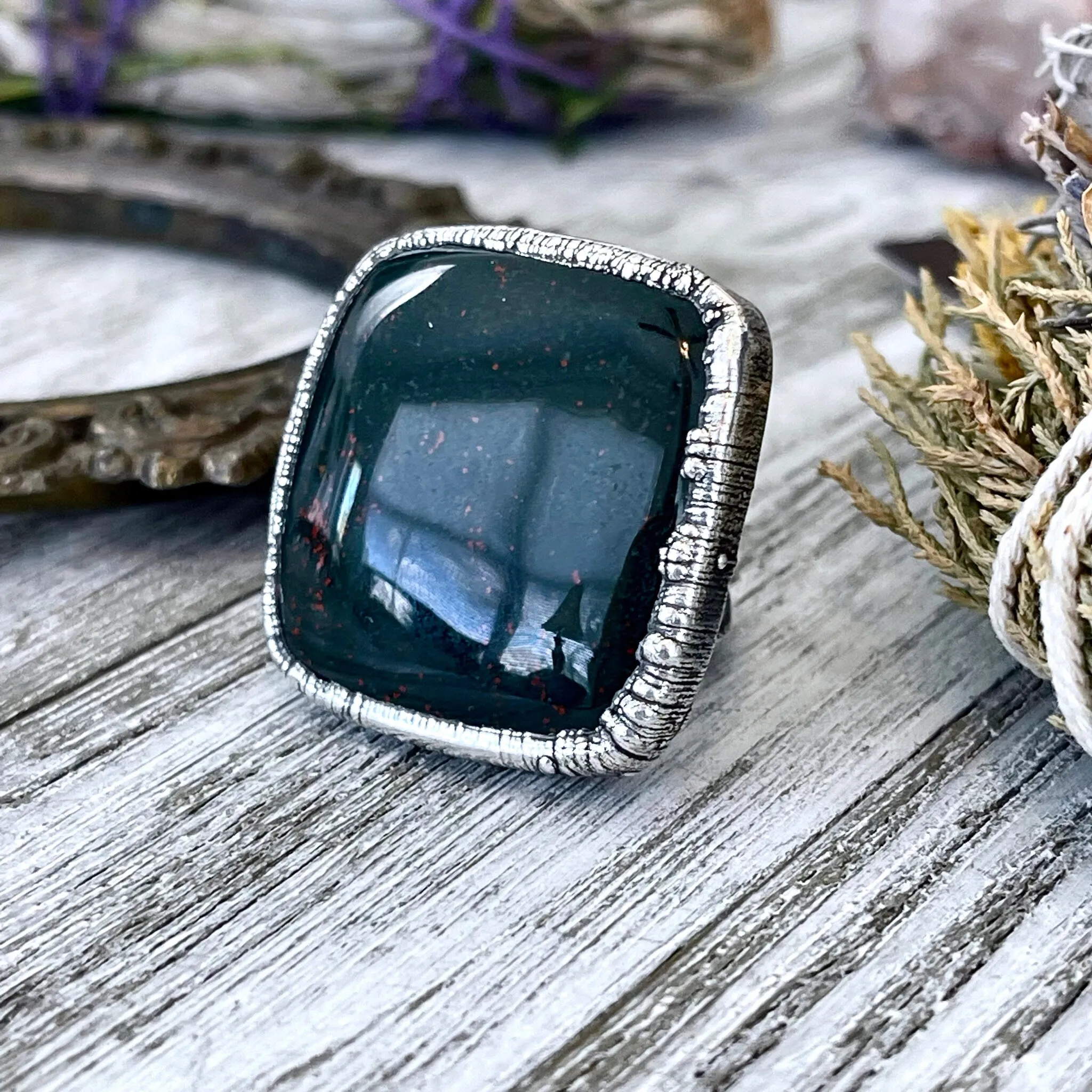 Big Size 8 Natural Bloodstone Statement Ring In Fine Silver /  Foxlark Collection - One of a Kind