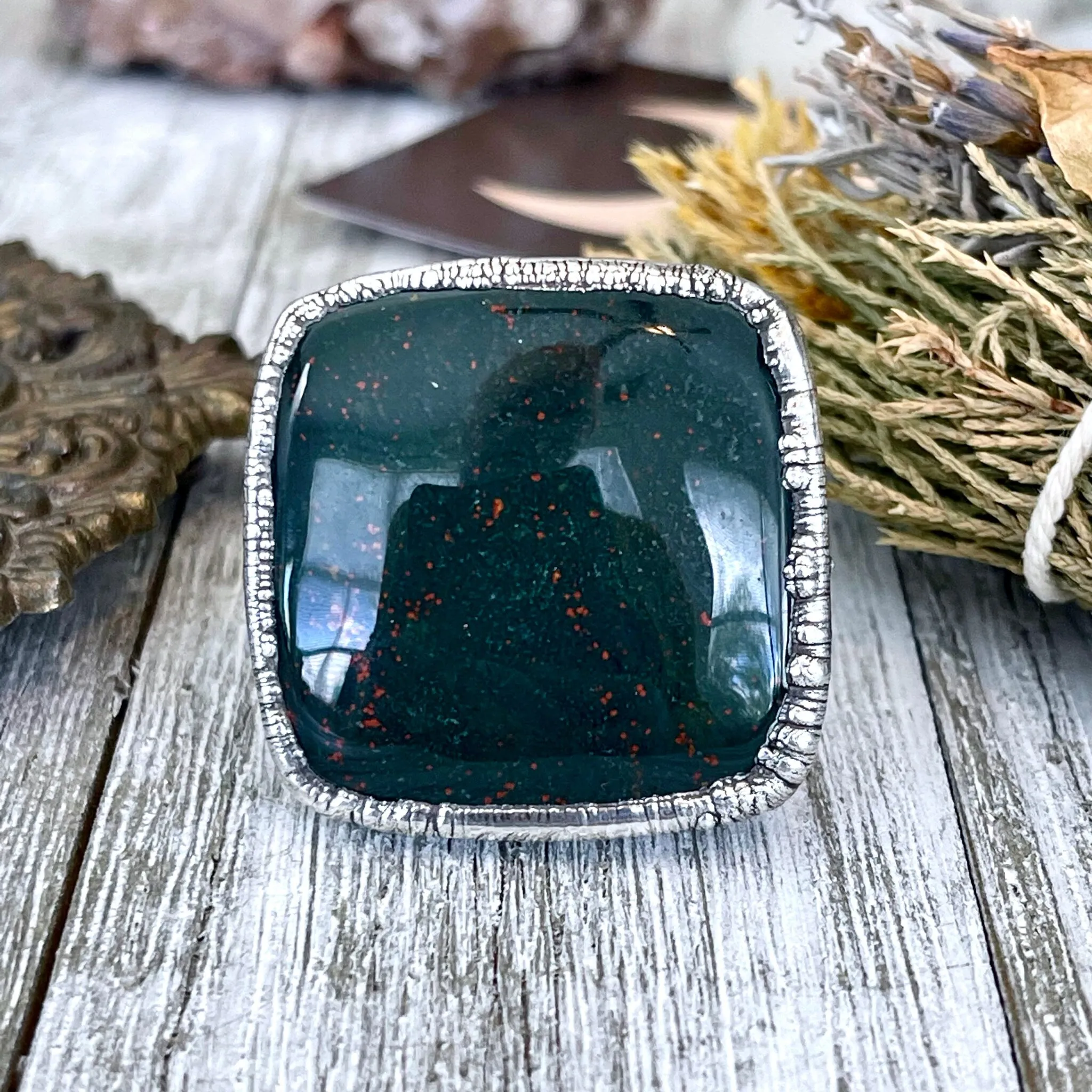 Big Size 8 Natural Bloodstone Statement Ring In Fine Silver /  Foxlark Collection - One of a Kind