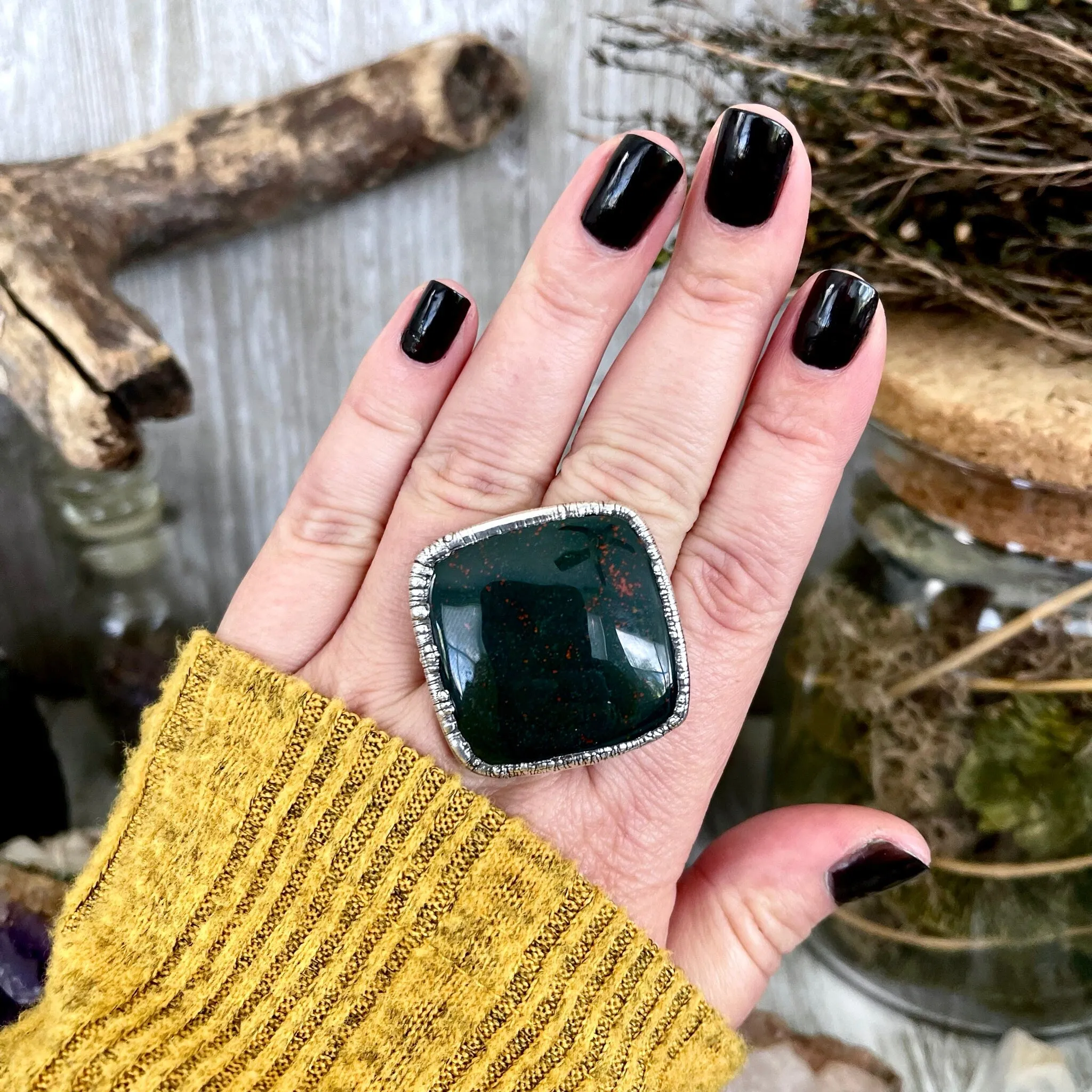 Big Size 8 Natural Bloodstone Statement Ring In Fine Silver /  Foxlark Collection - One of a Kind