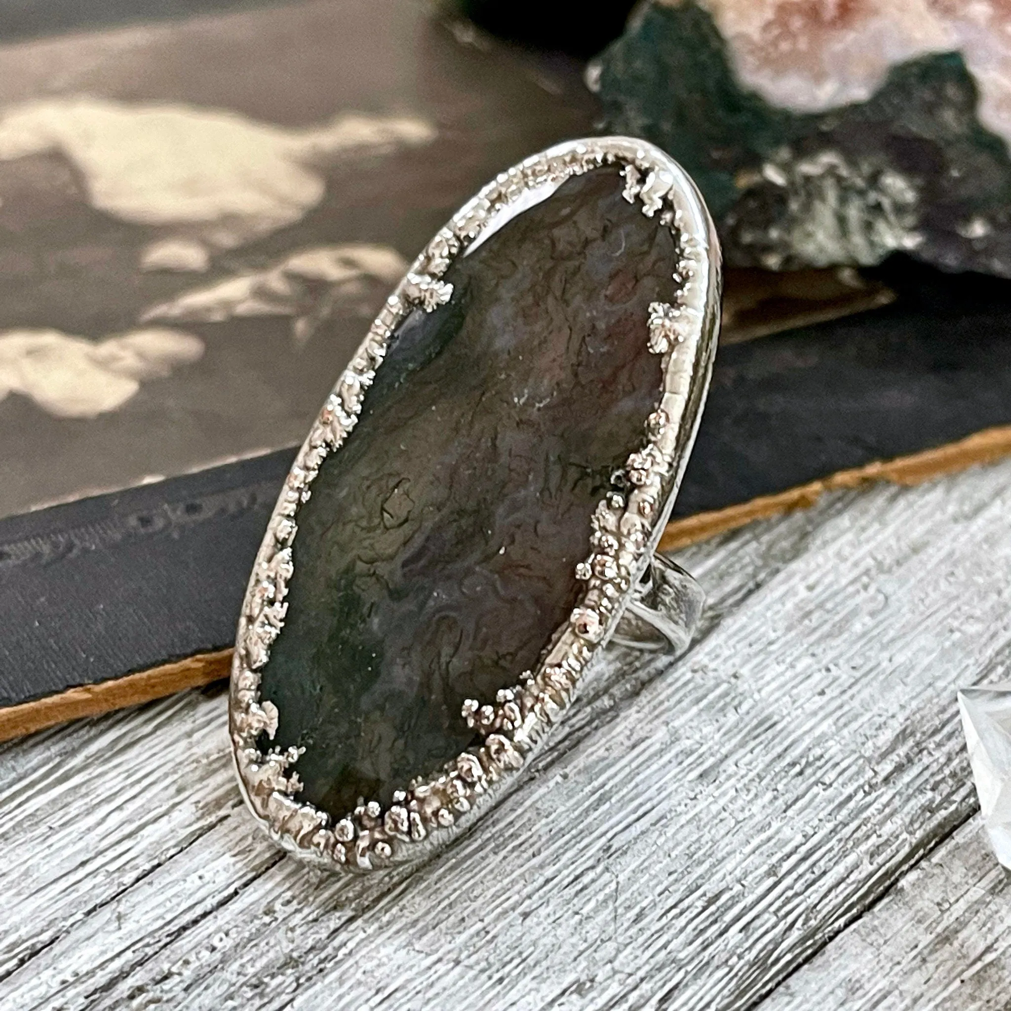 Big Size 8 Silver Natural Fancy Moss Agate Crystal Statement Ring / Foxlark Collection - One of a Kind