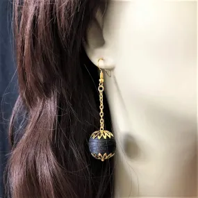 Black Ball Long Gold Dangle Earrings