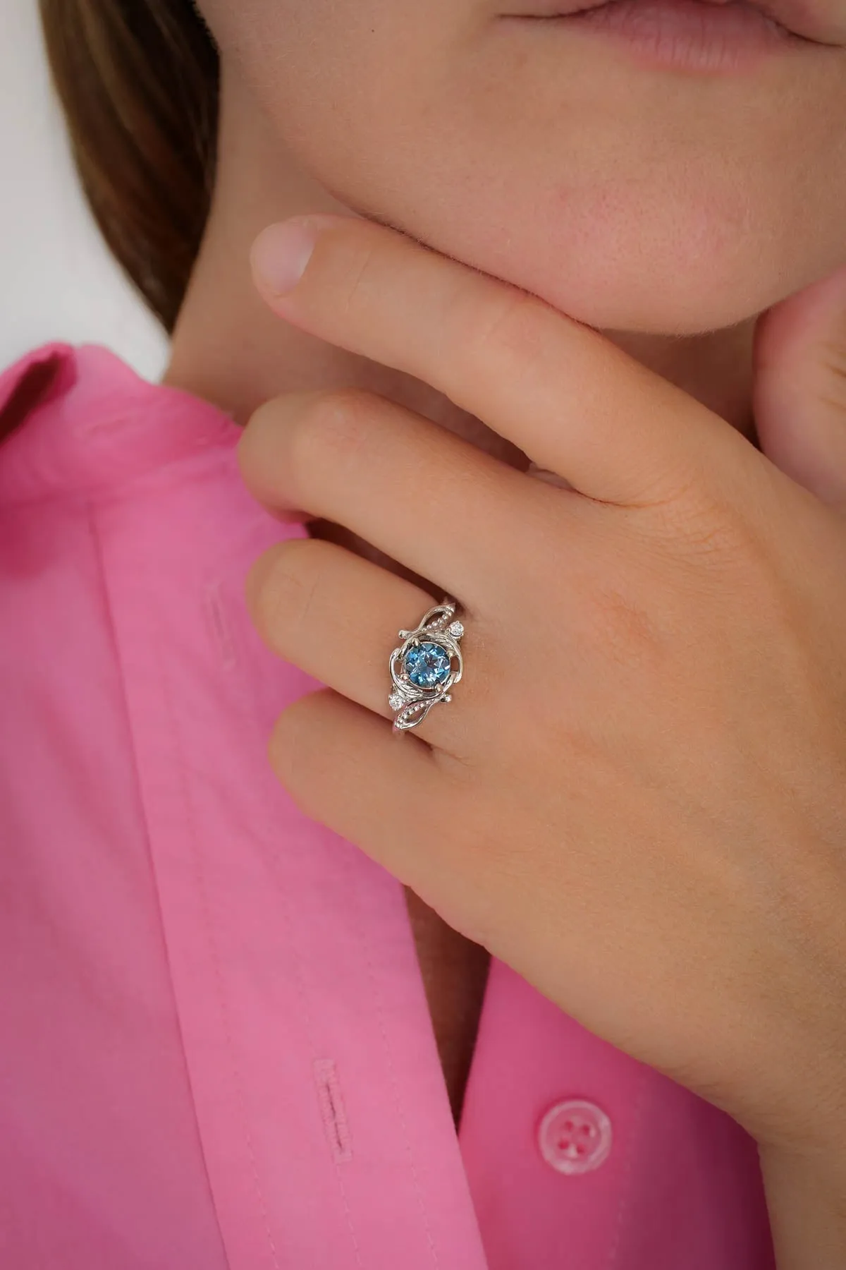 Blue topaz engagement ring, gold nature inspired ring / Undina