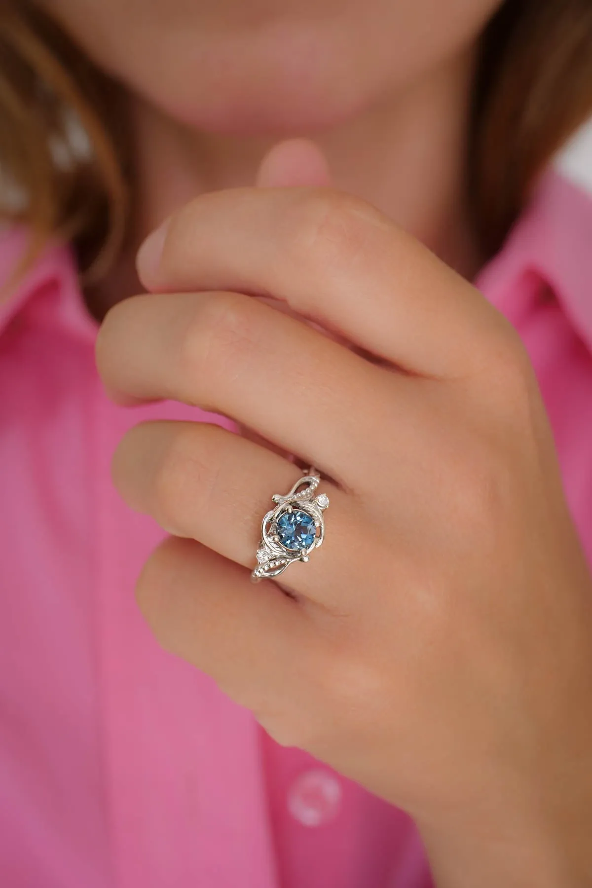 Blue topaz engagement ring, gold nature inspired ring / Undina