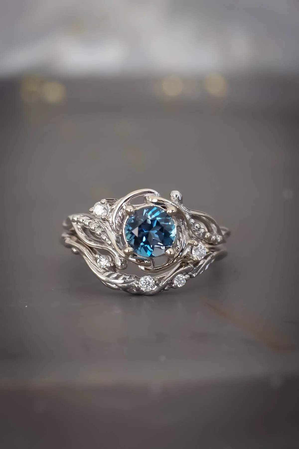 Blue topaz engagement ring, gold nature inspired ring / Undina