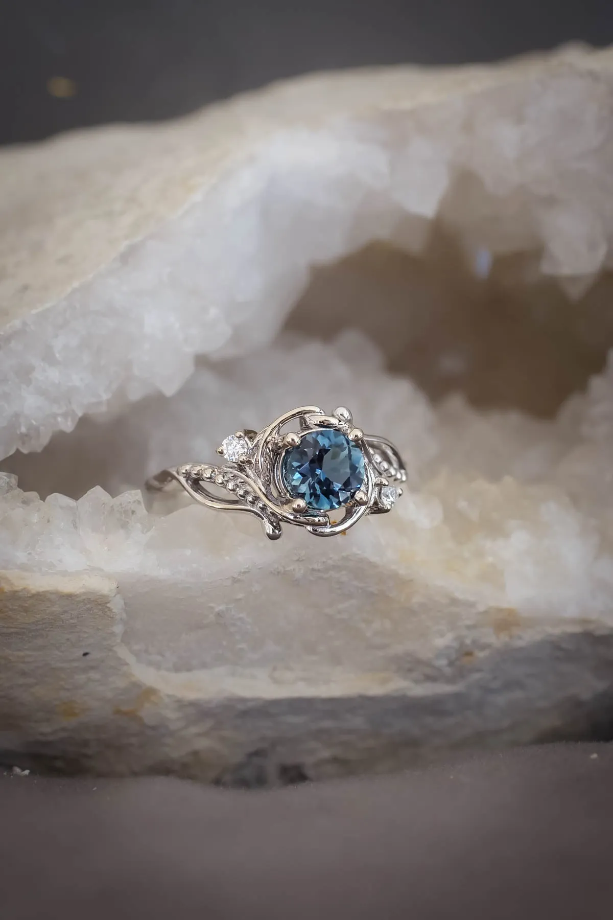 Blue topaz engagement ring, gold nature inspired ring / Undina