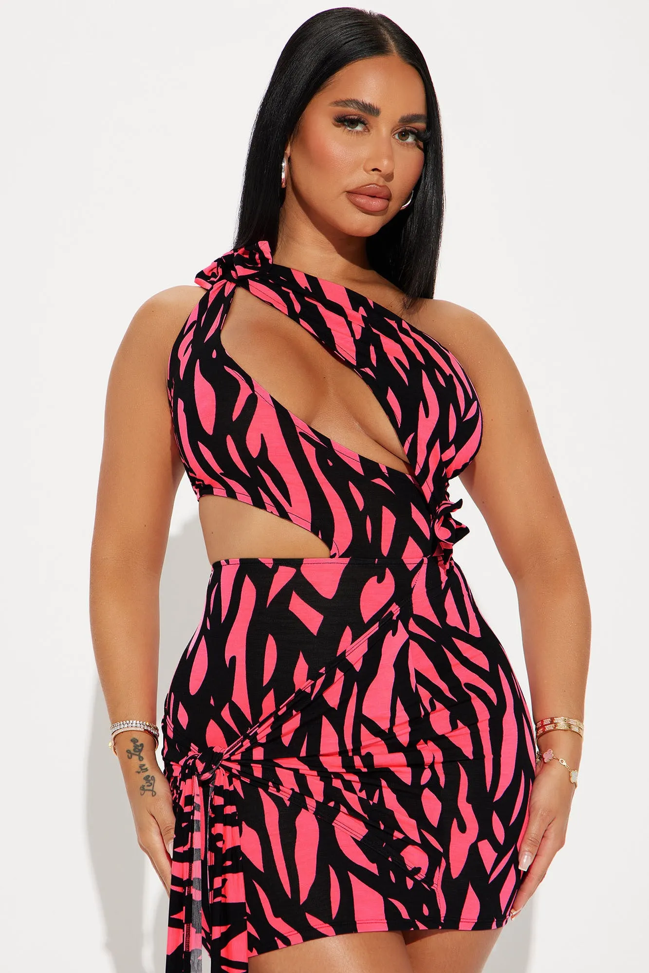 Bow Down One Shoulder Mini Dress - Pink/combo