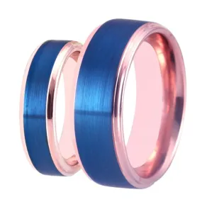 Brushed Blue and Rose Gold Tungsten Wedding Ring Set