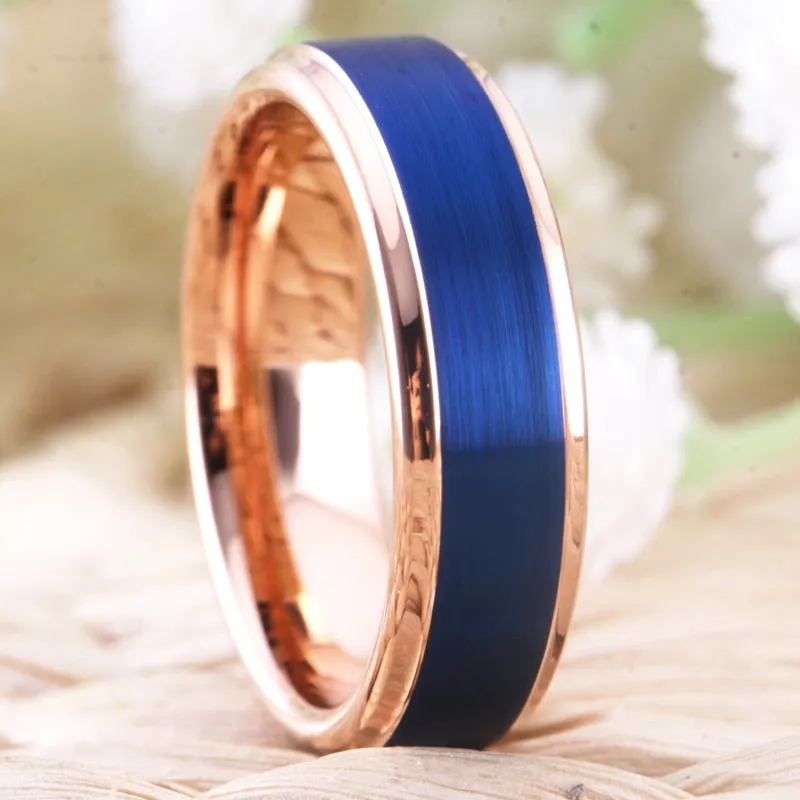 Brushed Blue and Rose Gold Tungsten Wedding Ring Set