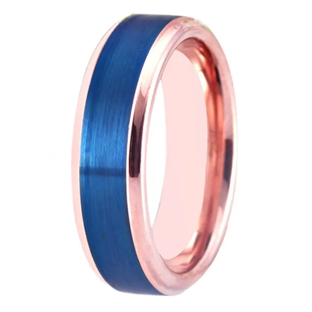 Brushed Blue and Rose Gold Tungsten Wedding Ring Set