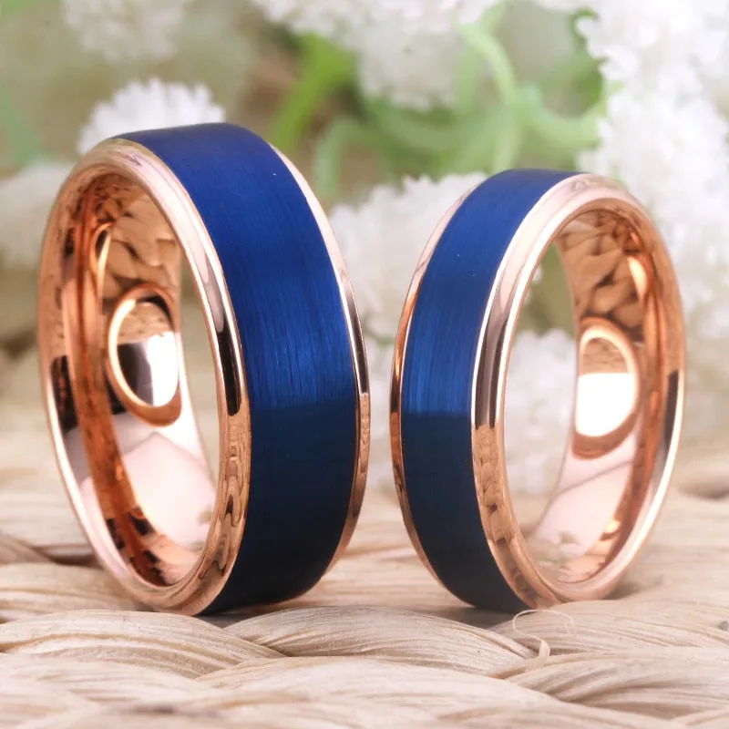 Brushed Blue and Rose Gold Tungsten Wedding Ring Set