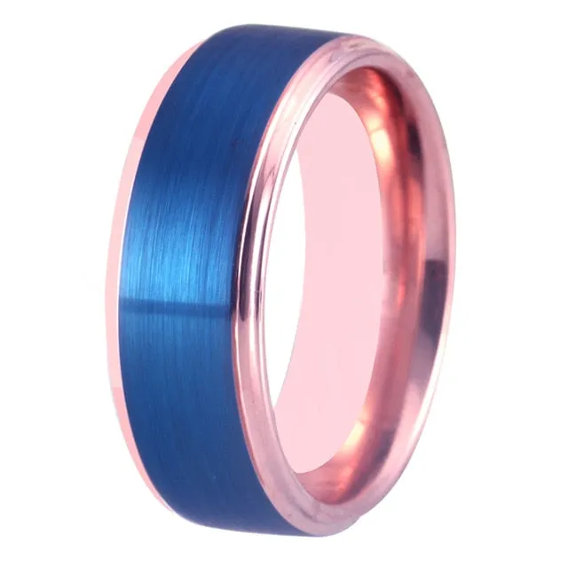 Brushed Blue and Rose Gold Tungsten Wedding Ring Set