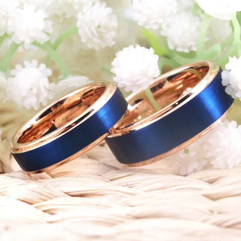 Brushed Blue and Rose Gold Tungsten Wedding Ring Set