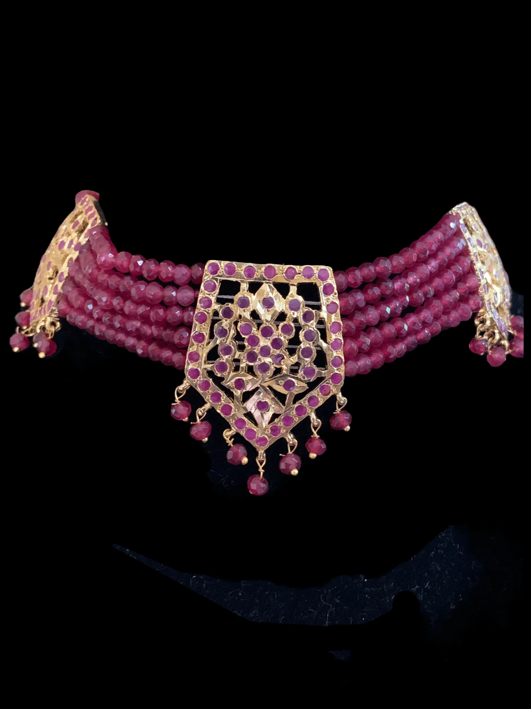 C102  Indu Hyderabadi Jadau choker with earrings In ruby beads ( SHIPS IN 4WEEKS )