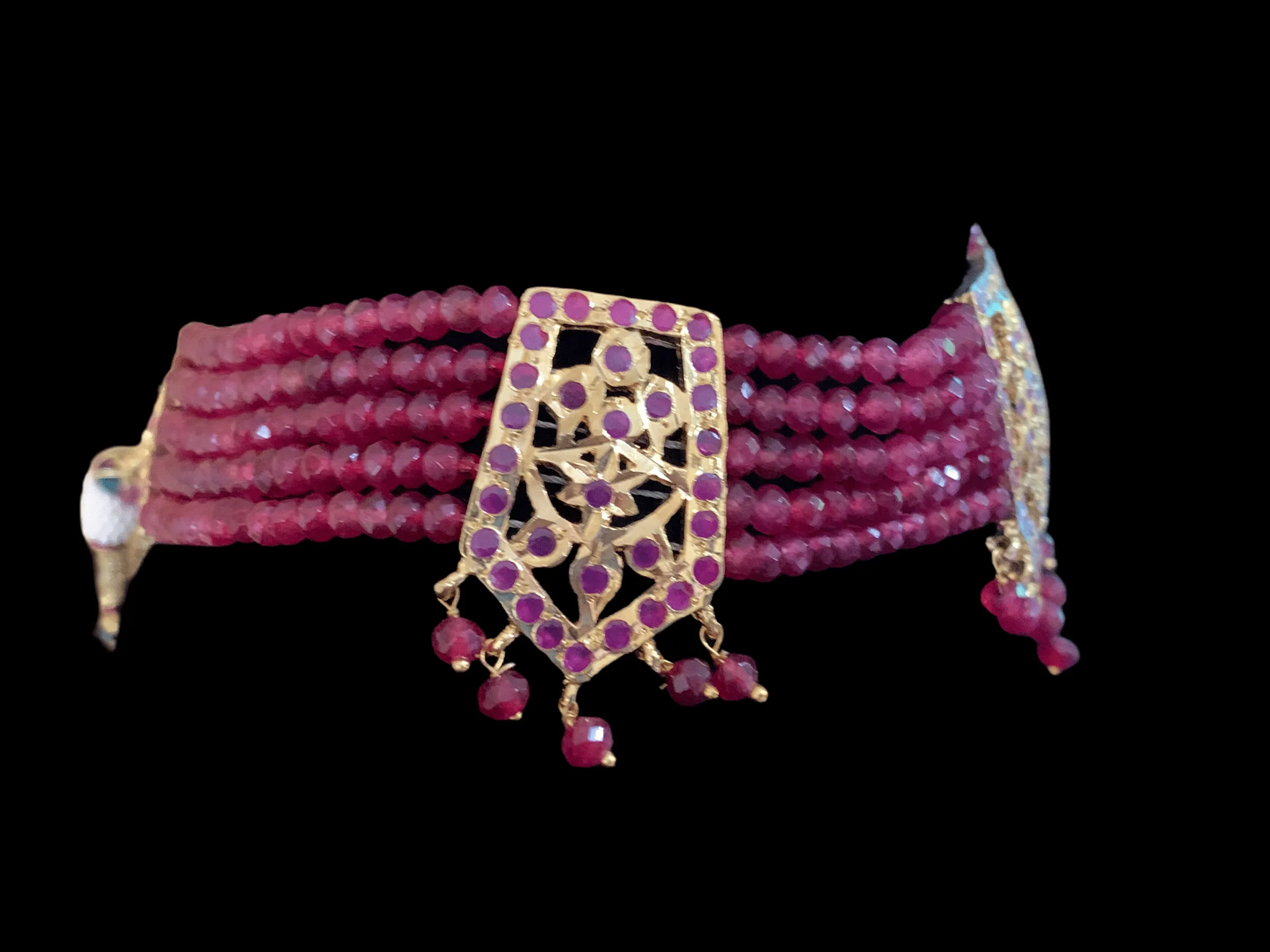 C102  Indu Hyderabadi Jadau choker with earrings In ruby beads ( SHIPS IN 4WEEKS )