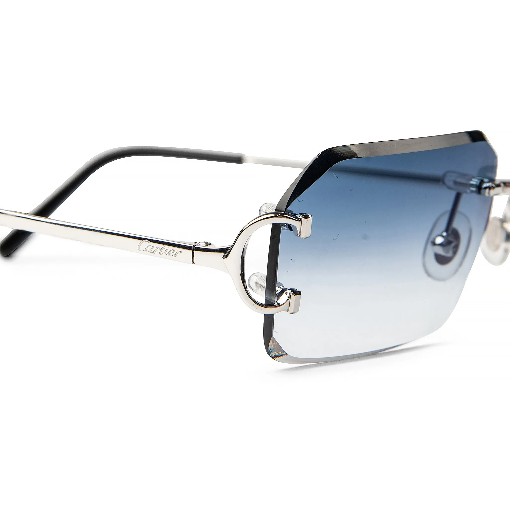 Cartier Eyewear Custom CT0092O-002 C Decor Silver Blue Rimless Sunglasses