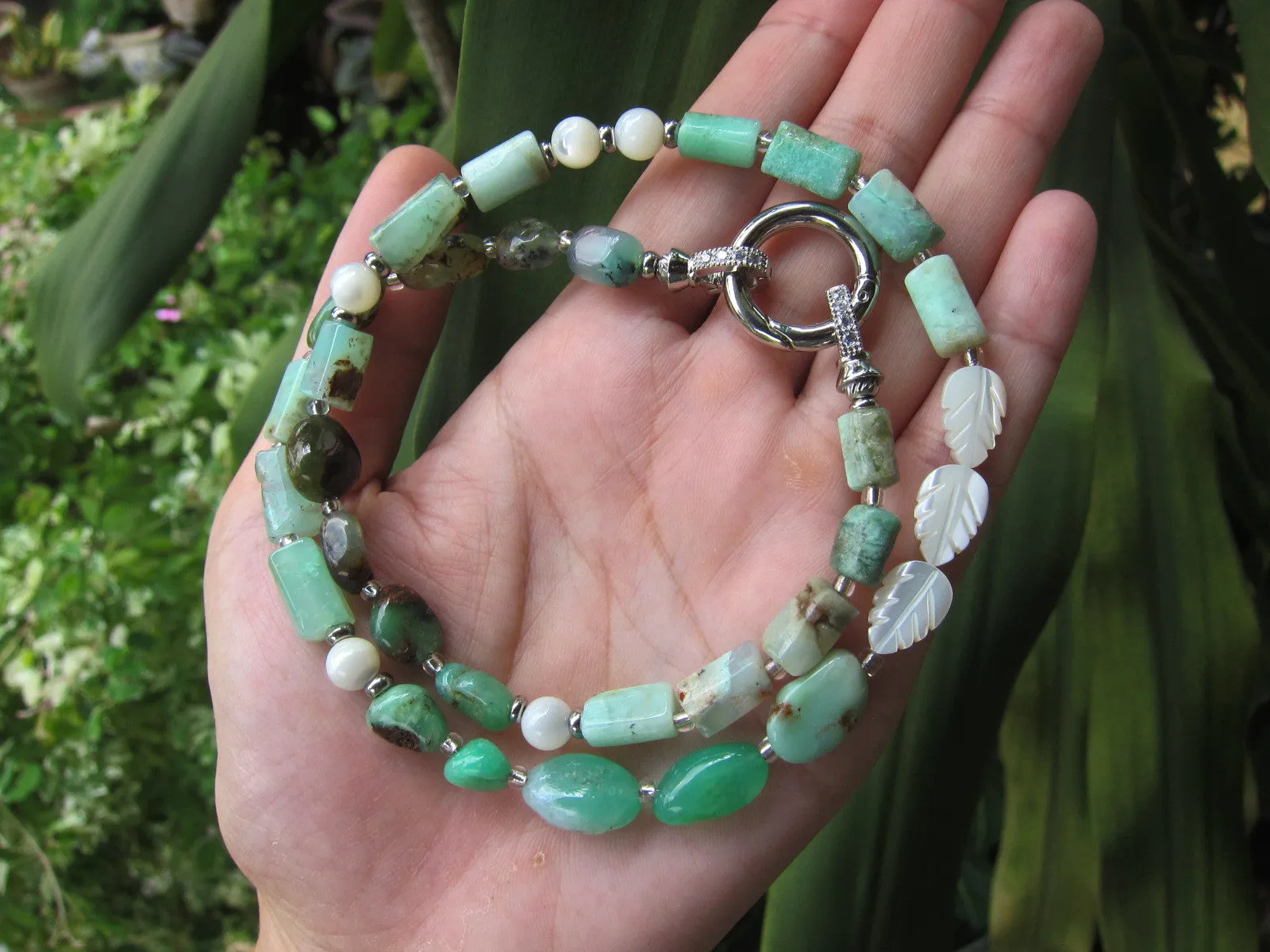 Chrysoprase Australian Jade, Mother of Pearl Choker Necklace - Abundance, Protection, Prosperity