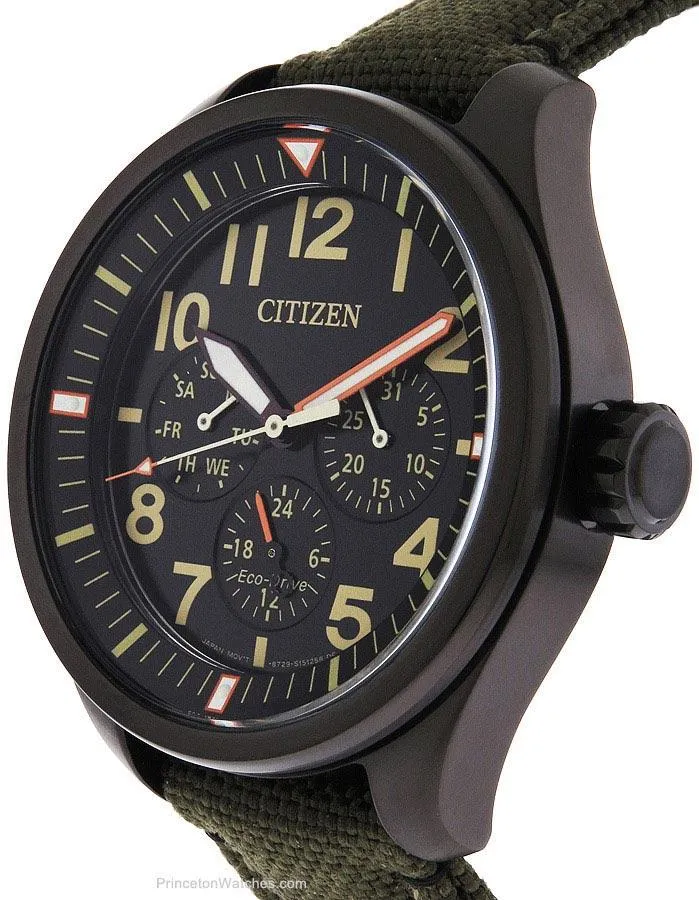 Citizen Eco-Drive Mens Chandler Watch - Day/Date - Black Dial - Green Nylon