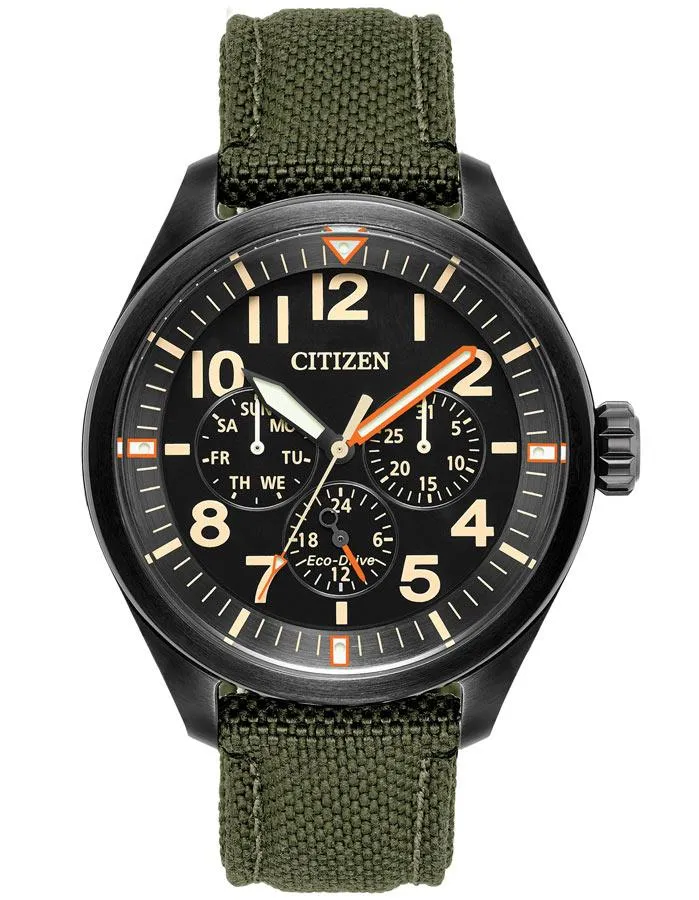 Citizen Eco-Drive Mens Chandler Watch - Day/Date - Black Dial - Green Nylon