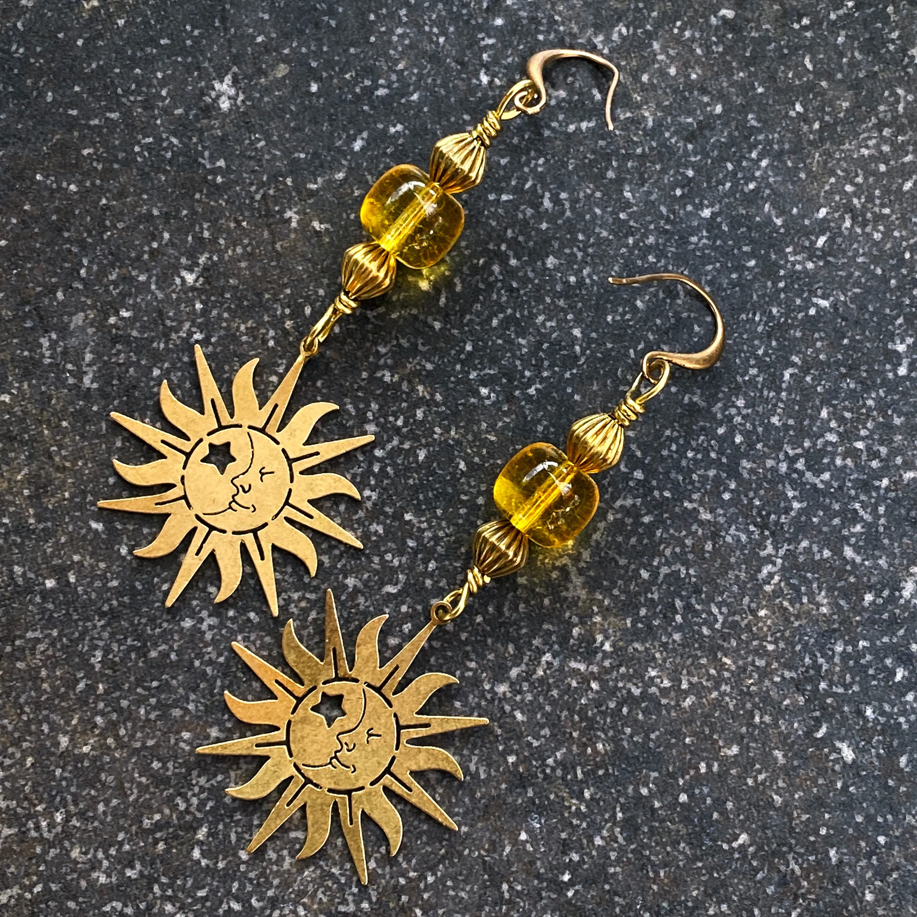 Citrine gemstone sun and Brass Earrings