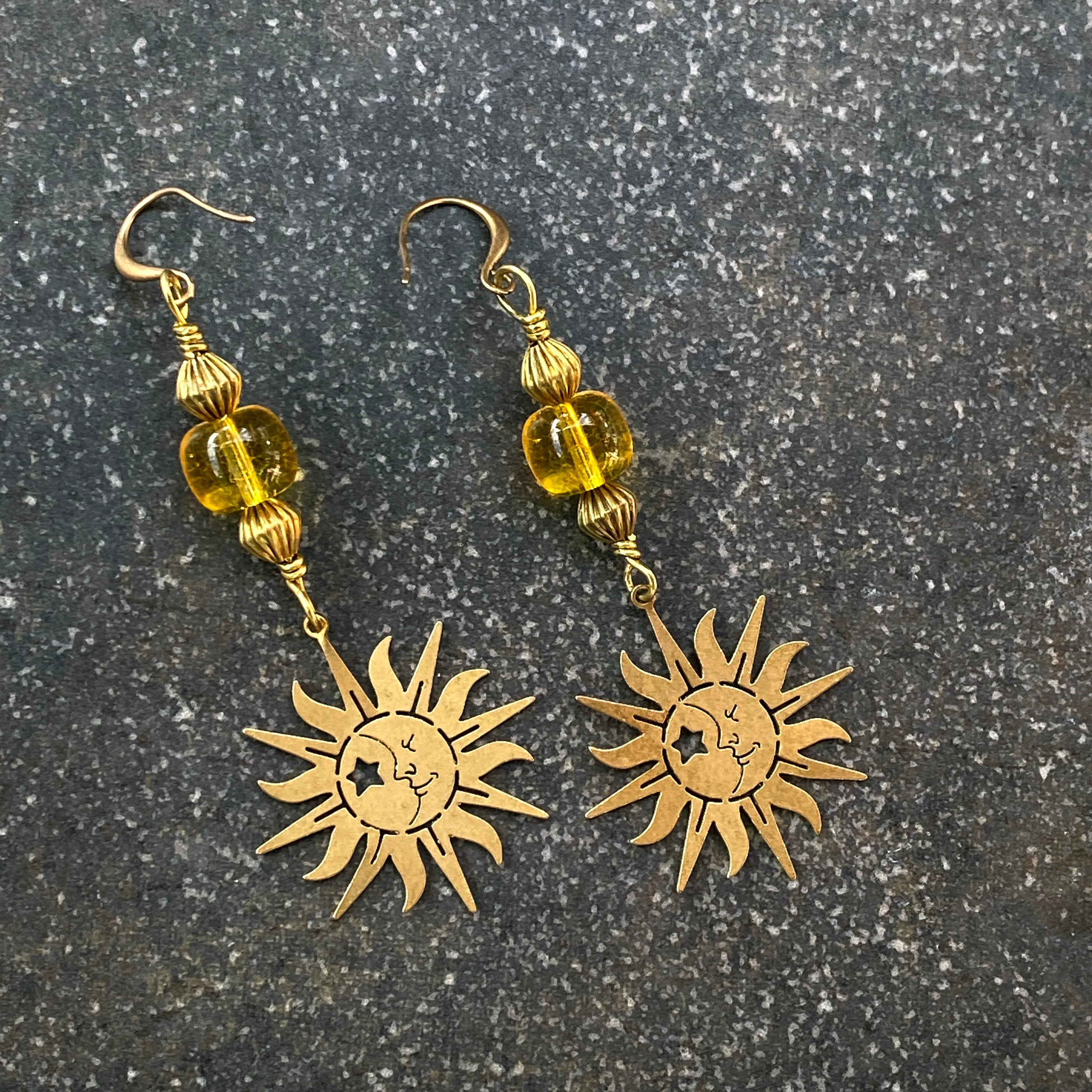 Citrine gemstone sun and Brass Earrings