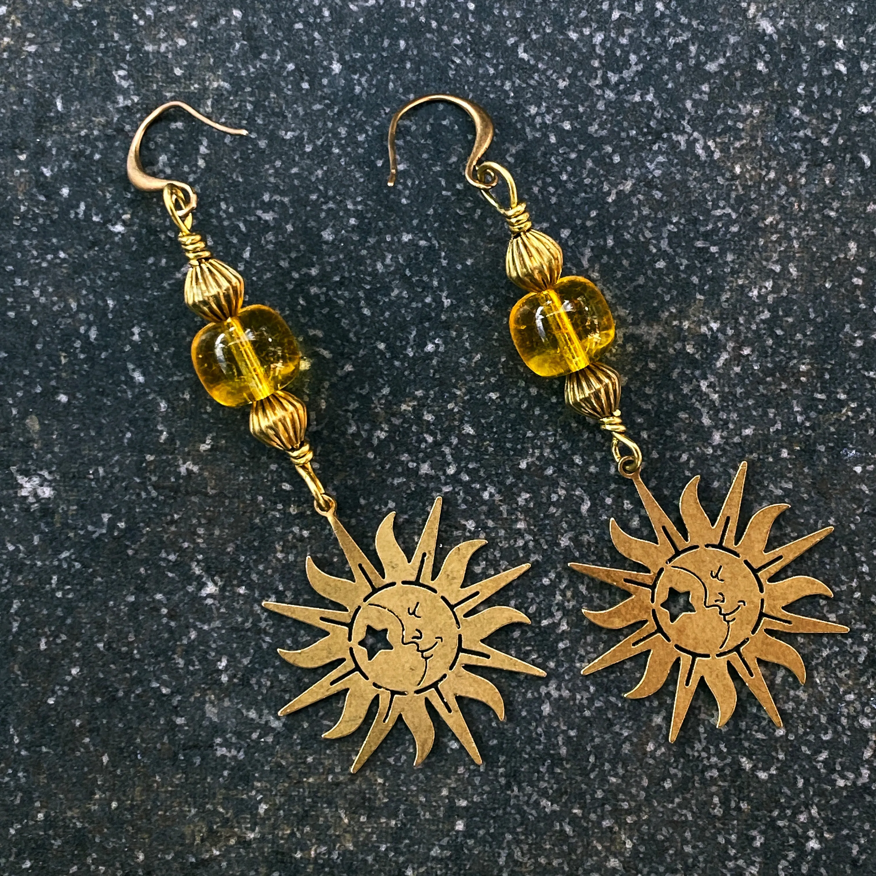 Citrine gemstone sun and Brass Earrings