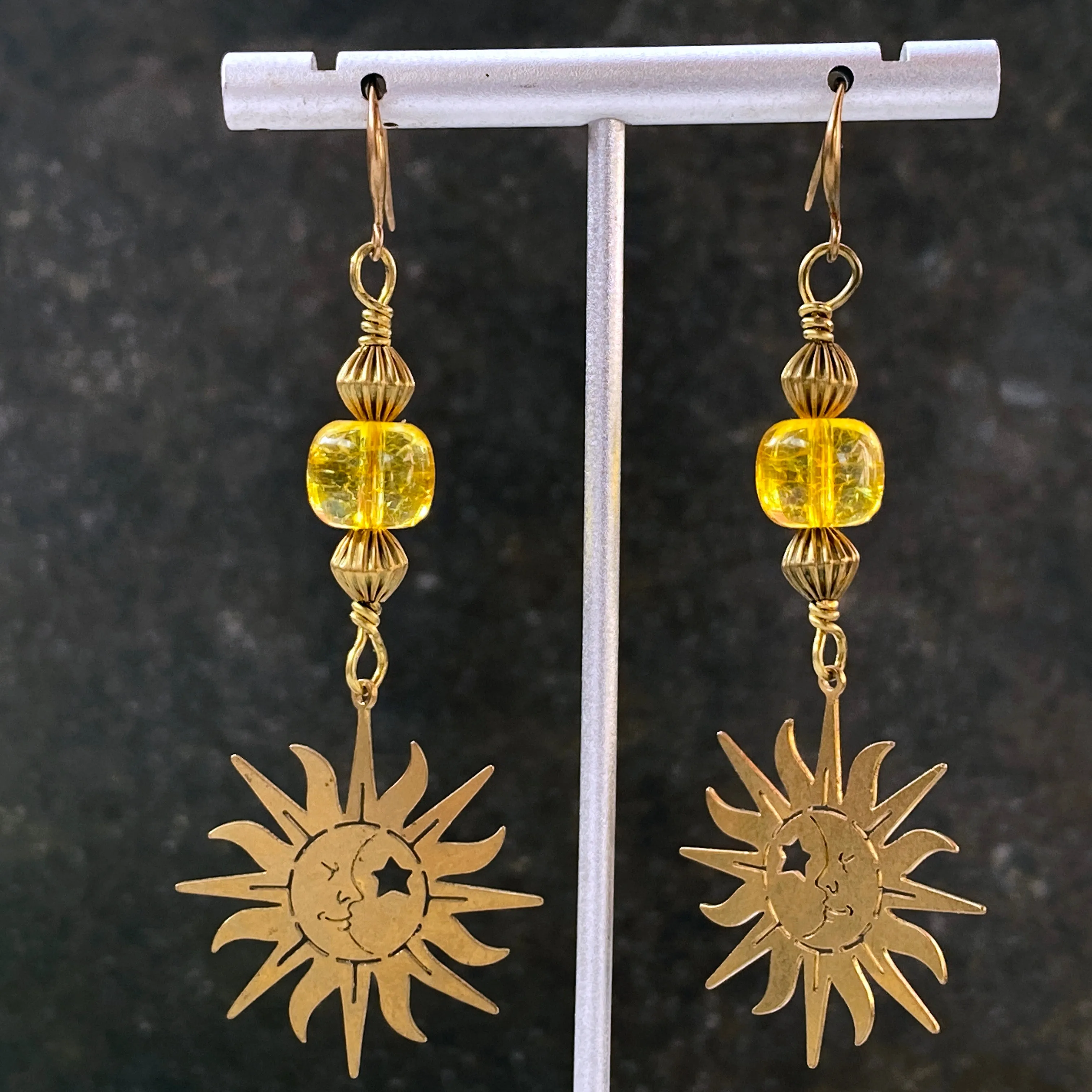 Citrine gemstone sun and Brass Earrings