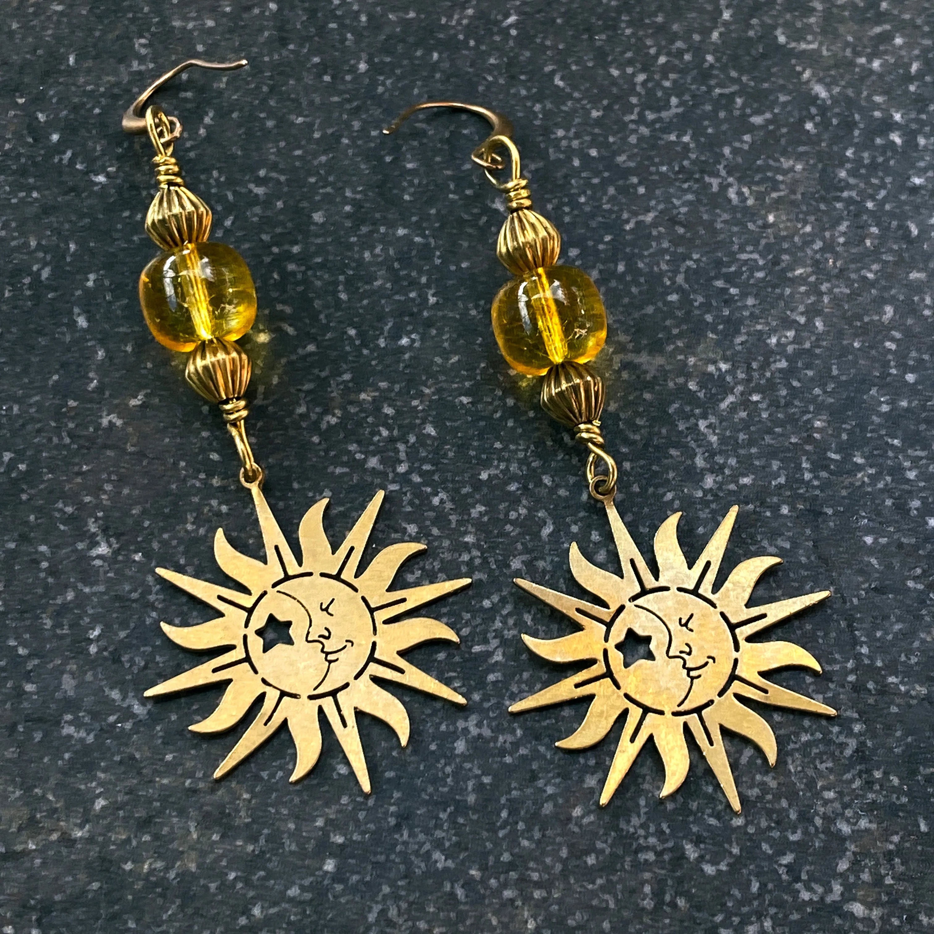 Citrine gemstone sun and Brass Earrings