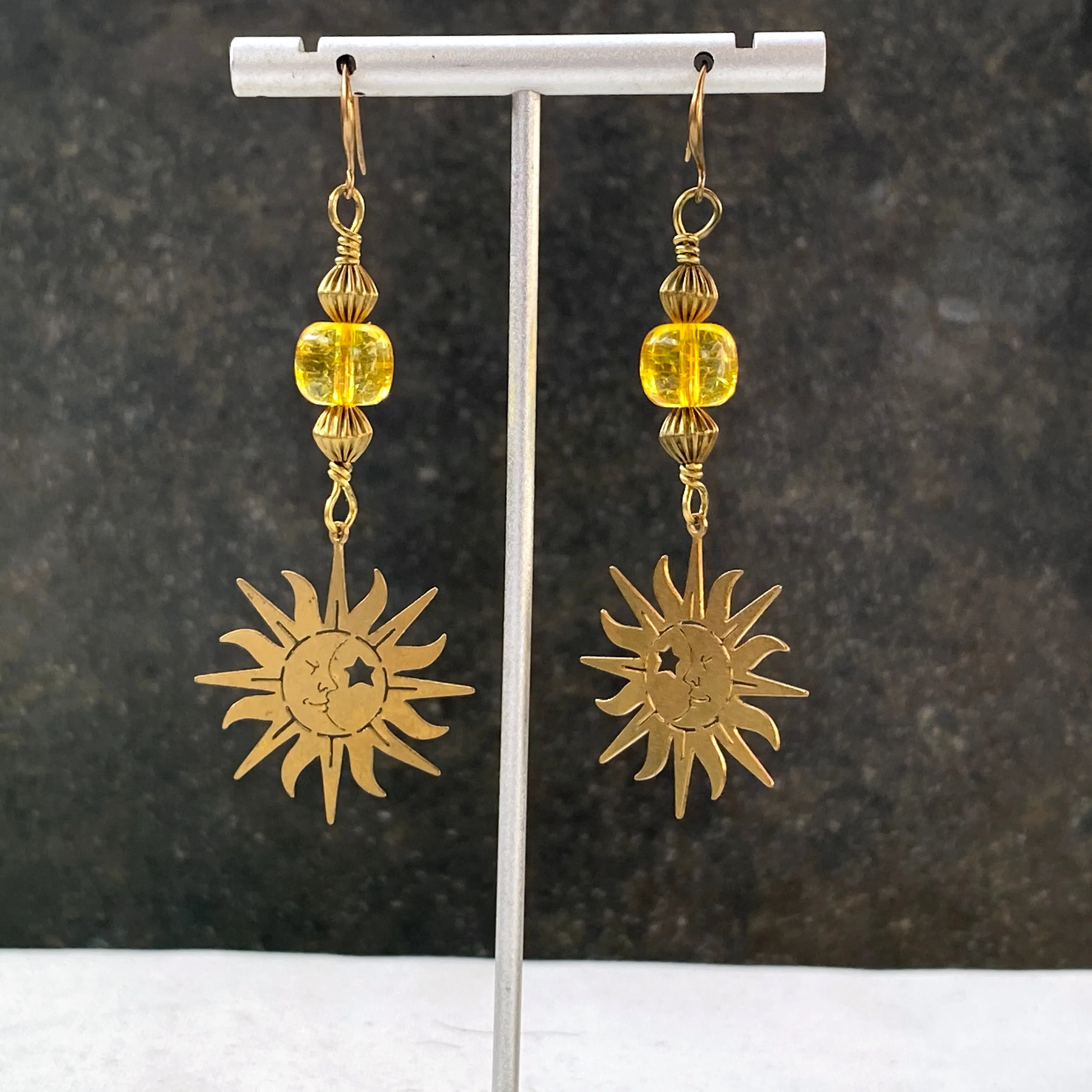 Citrine gemstone sun and Brass Earrings