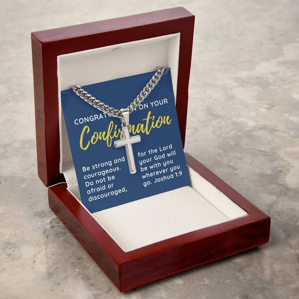 Confirmation Gift for Him, May Be Strong and Courageous Stainless Steel Men Cross Necklace on Cuban Chain