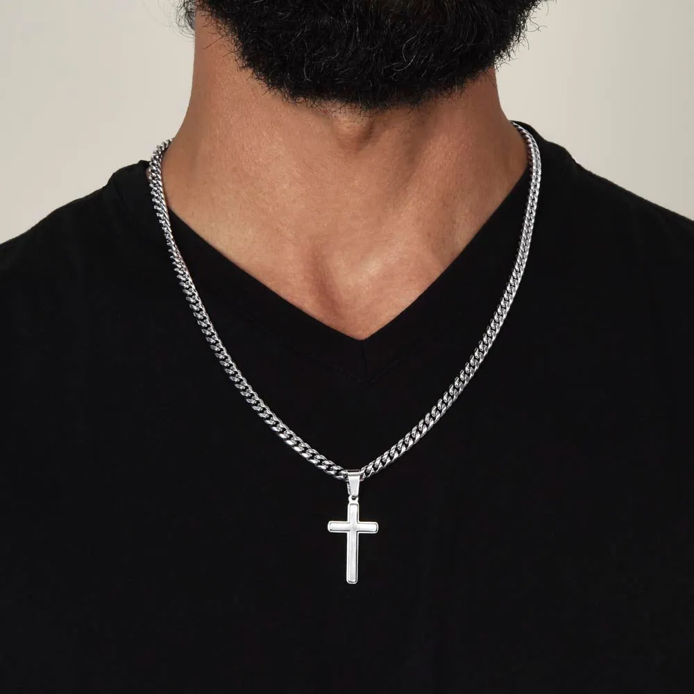 Confirmation Gift for Him, May Be Strong and Courageous Stainless Steel Men Cross Necklace on Cuban Chain