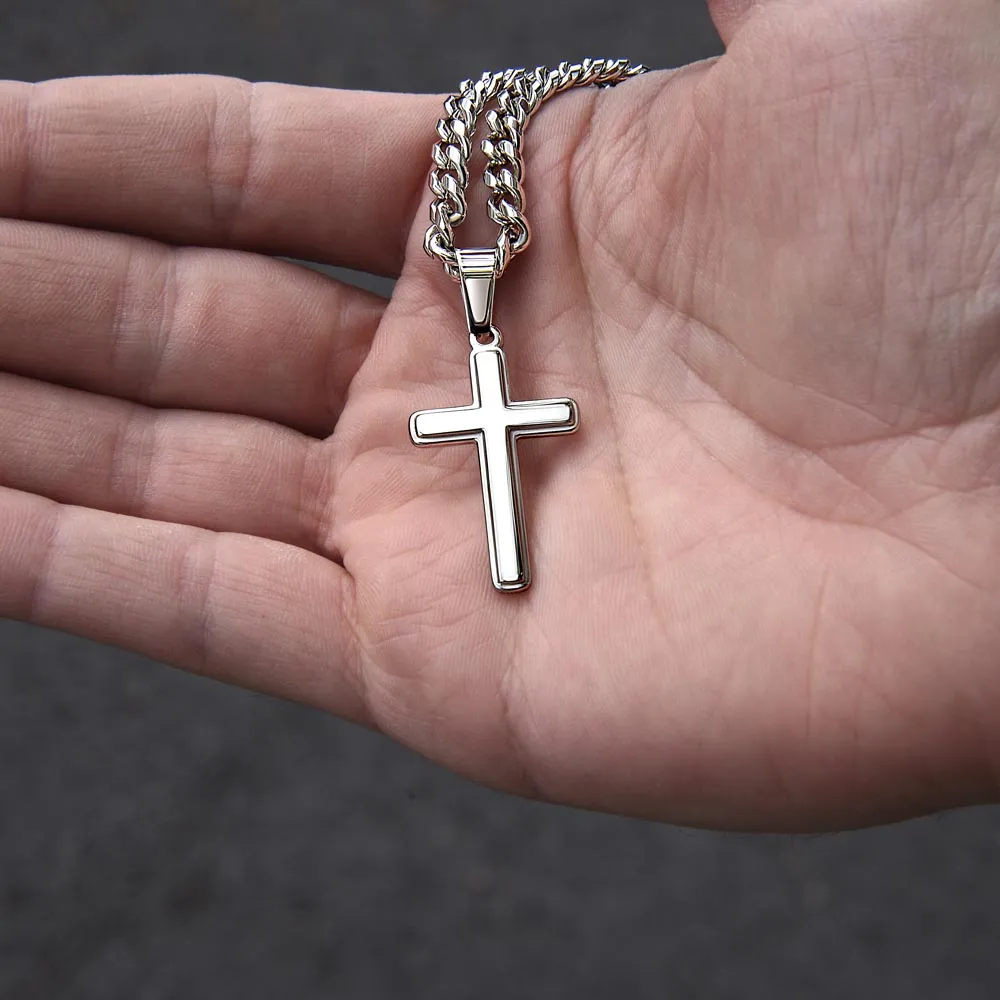 Confirmation Gift for Him, May Be Strong and Courageous Stainless Steel Men Cross Necklace on Cuban Chain