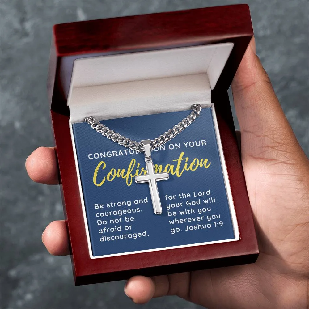 Confirmation Gift for Him, May Be Strong and Courageous Stainless Steel Men Cross Necklace on Cuban Chain