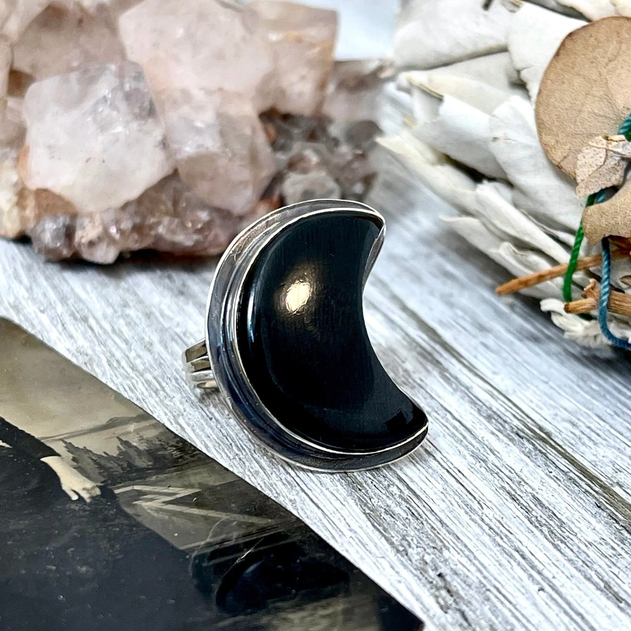 Crescent Moon Black Onyx Crystal Statement Ring in Sterling Silver- Designed by FOXLARK Collection Size 5 6 7 8 9 10 11 / Gothic Jewelry