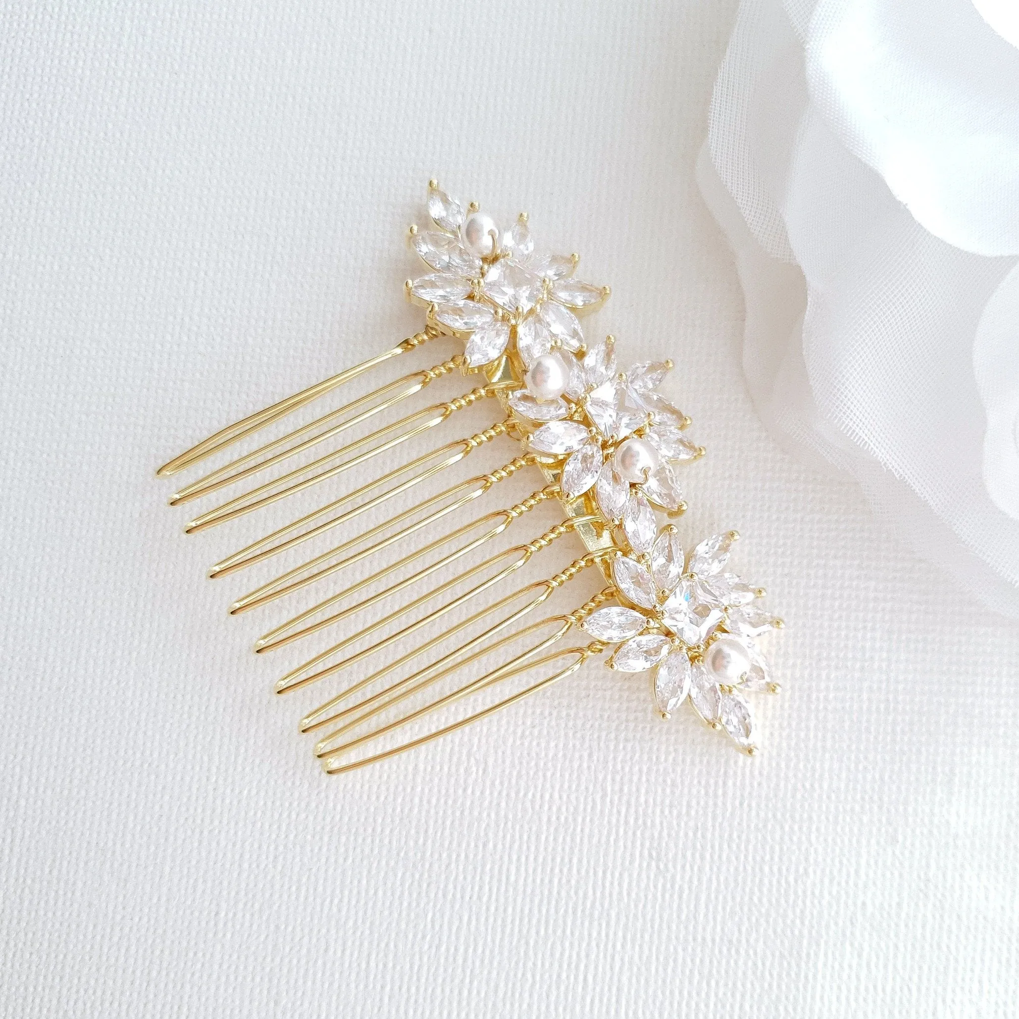 Crystal Flower Gold Hair Comb for Weddings-Bridget