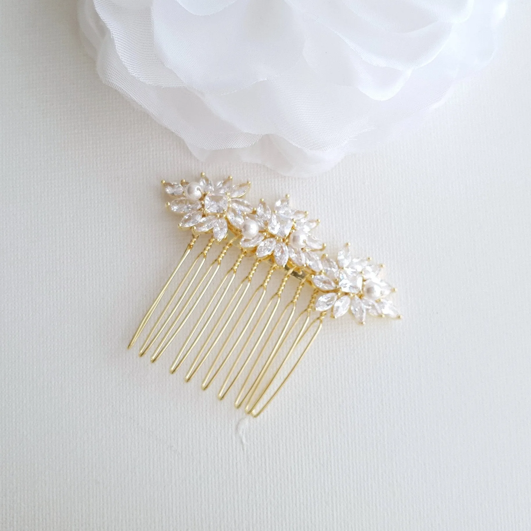 Crystal Flower Gold Hair Comb for Weddings-Bridget